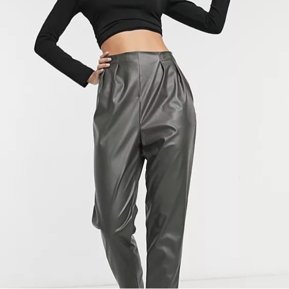 ASOS Faux Leather Pleated Trousers in Charcoal Gray